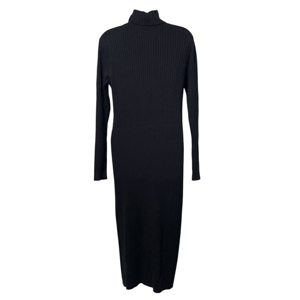 ANN TAYLOR Black Ribbed Stretch Knit Turtleneck Midi Dress L - Picture 4 of 6